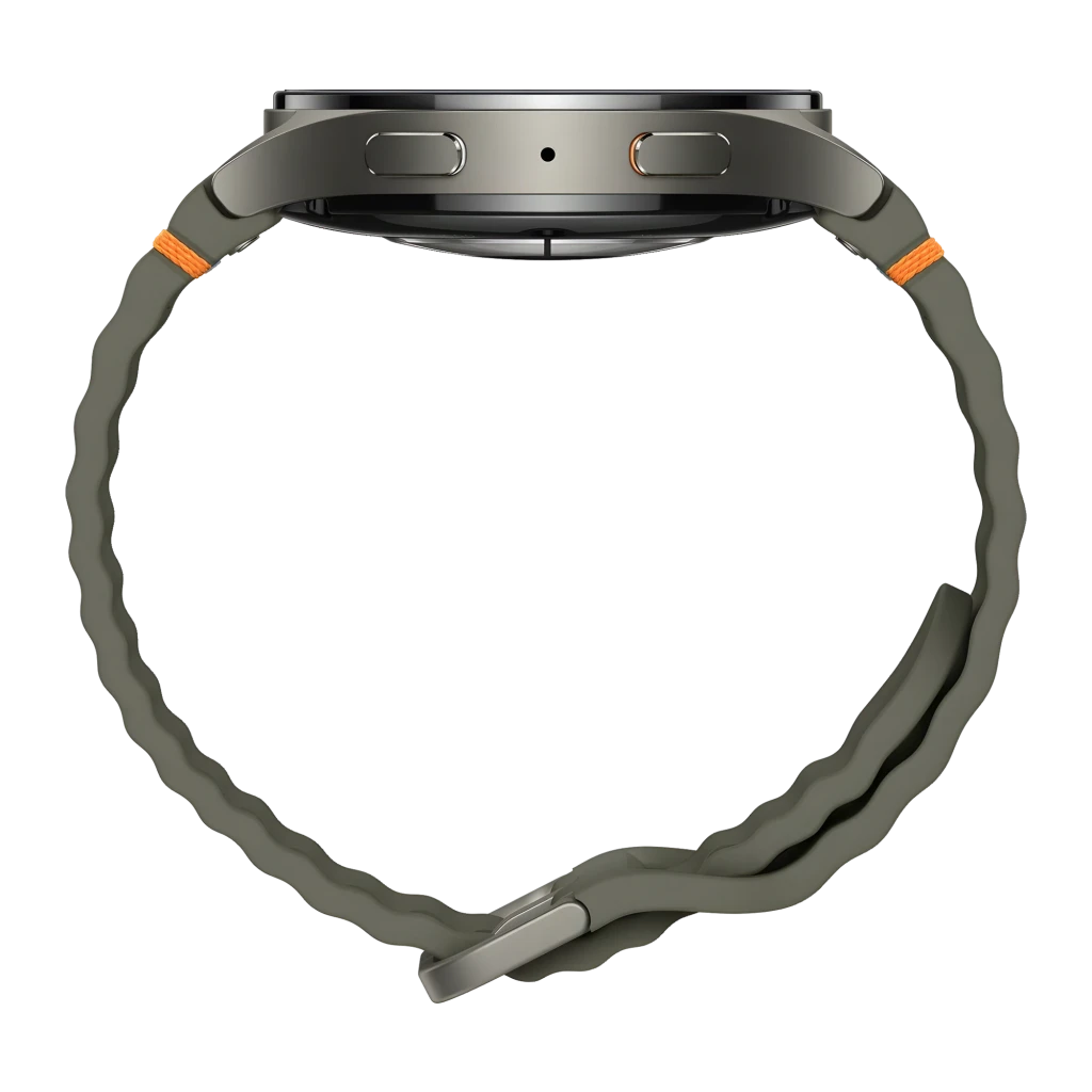Samsung Galaxy Watch7 44mm LTE Vert NFC, détail latéral: boîtier argenté avec boutons et bracelet vert texturé avec fermoir