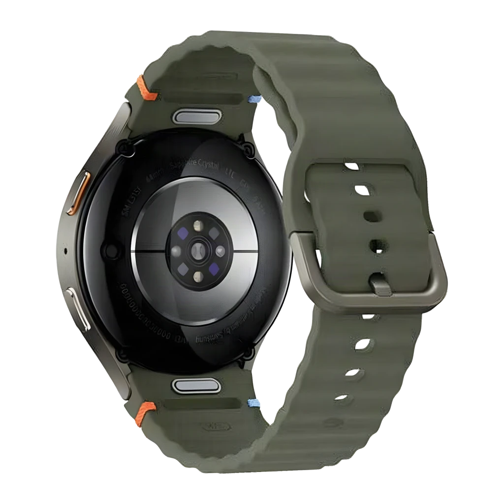Samsung Galaxy Watch7 44mm LTE Vert NFC, vue arrière: capteur de santé circulaire avec LEDs et bracelet vert avec détails