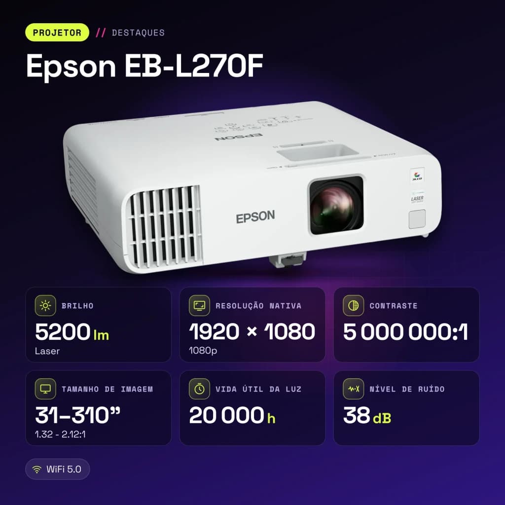 Projetor Epson Laser 20000h 1080p Full HD 5200 Lúmens ANSI 3LCD Branco EB-L270F - características