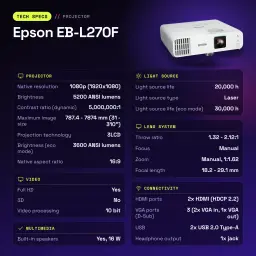 Projetor Epson Laser 20000h 1080p Full HD 5200 Lúmens ANSI 3LCD Branco EB-L270F - características