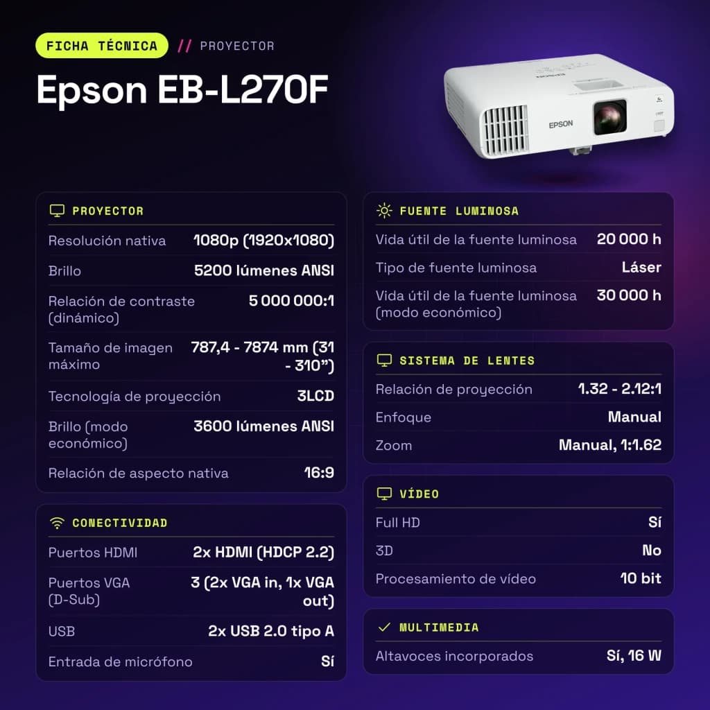 Projetor Epson Laser 20000h 1080p Full HD 5200 Lúmens ANSI 3LCD Branco EB-L270F - características