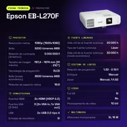 Projetor Epson Laser 20000h 1080p Full HD 5200 Lúmens ANSI 3LCD Branco EB-L270F - características