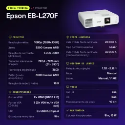 Projetor Epson Laser 20000h 1080p Full HD 5200 Lúmens ANSI 3LCD Branco EB-L270F - características