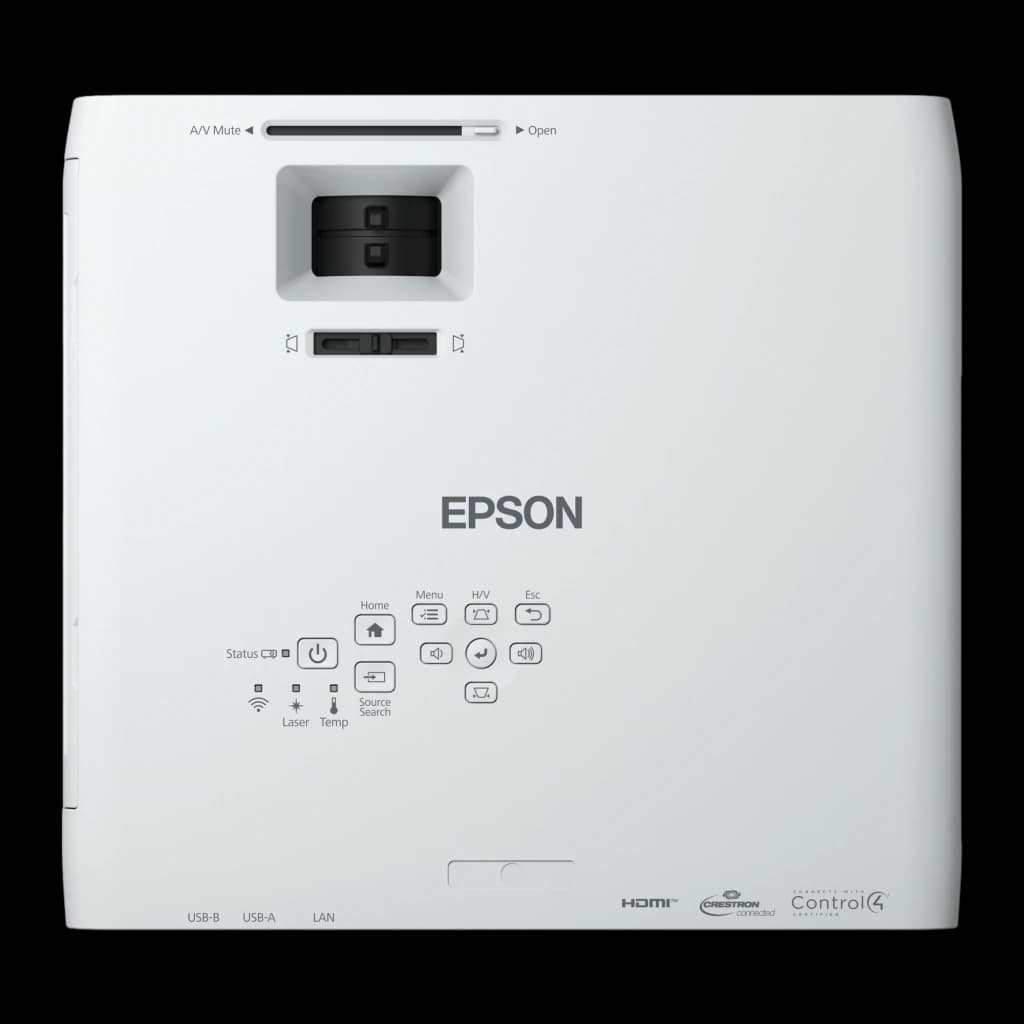 Projetor Epson Laser 20000h 1080p Full HD 5200 Lúmens ANSI 3LCD Branco EB-L270F, detalhe superior: painel de controlo, lente