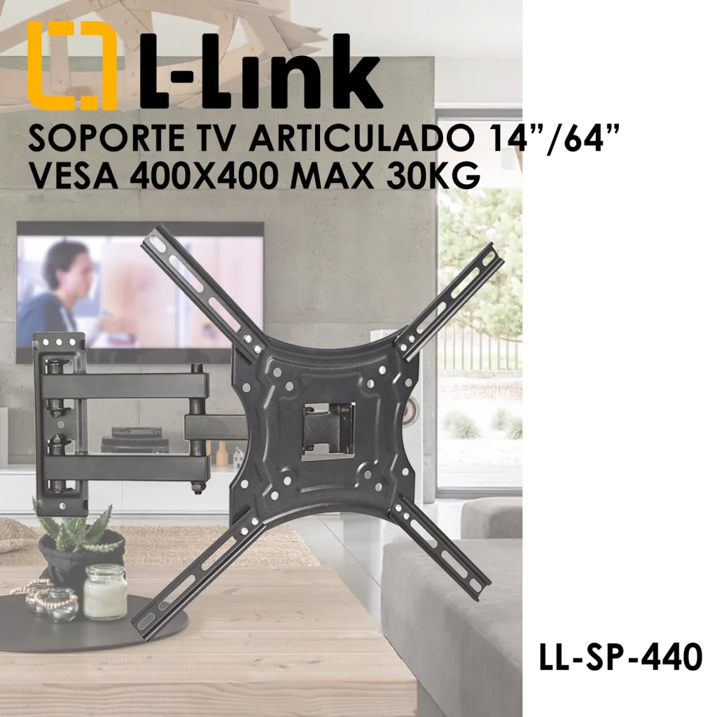 Support TV L-Link Noir Mural Articulé 180° 14 pouces-64 pouces LL-SP-440, face avant: bras articulé double avec platine VESA