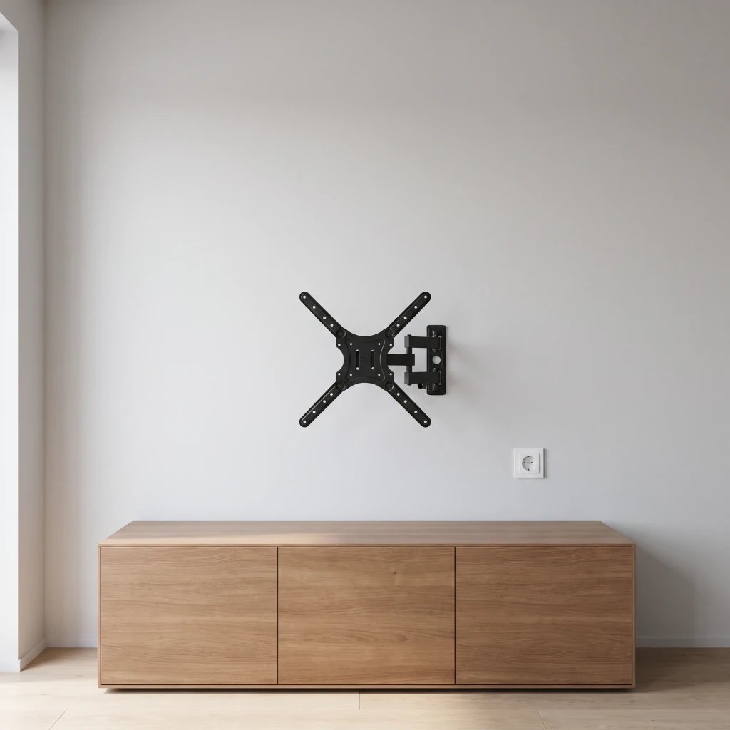 Support TV L-Link Noir Mural Articulé 180° 14 pouces-64 pouces LL-SP-440, en utilisation: fixé au mur d'un salon au-dessus