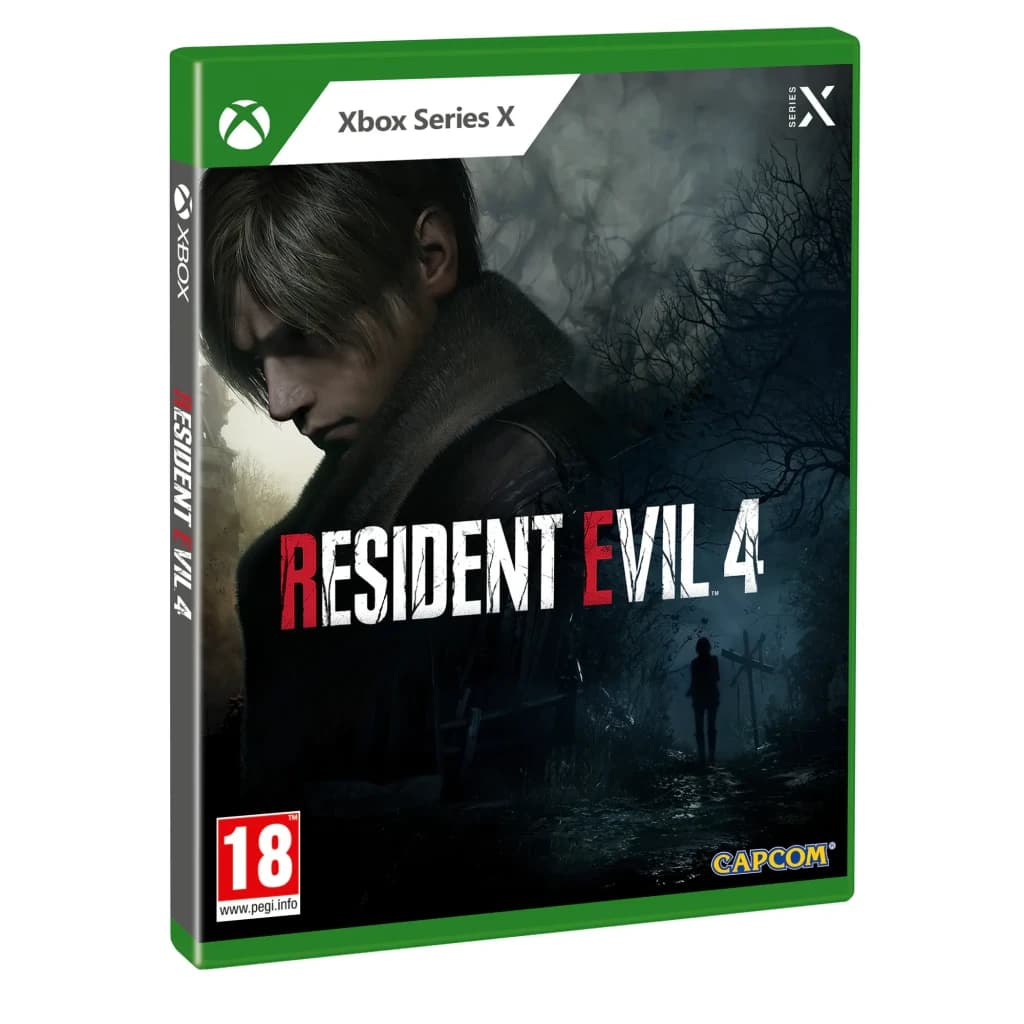 Videojogo Deep Silver Resident Evil 4 Standard Xbox Series X, detalhe: caixa em ângulo com Leon, logótipo e classificação