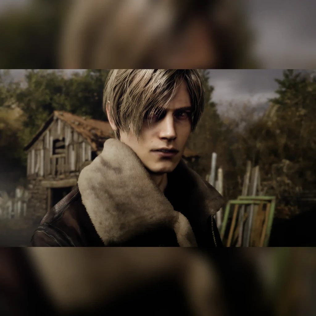 Videojogo Deep Silver Resident Evil 4 Standard Xbox Series X, em uso: Leon S. Kennedy com jaqueta de gola de pele em aldeia