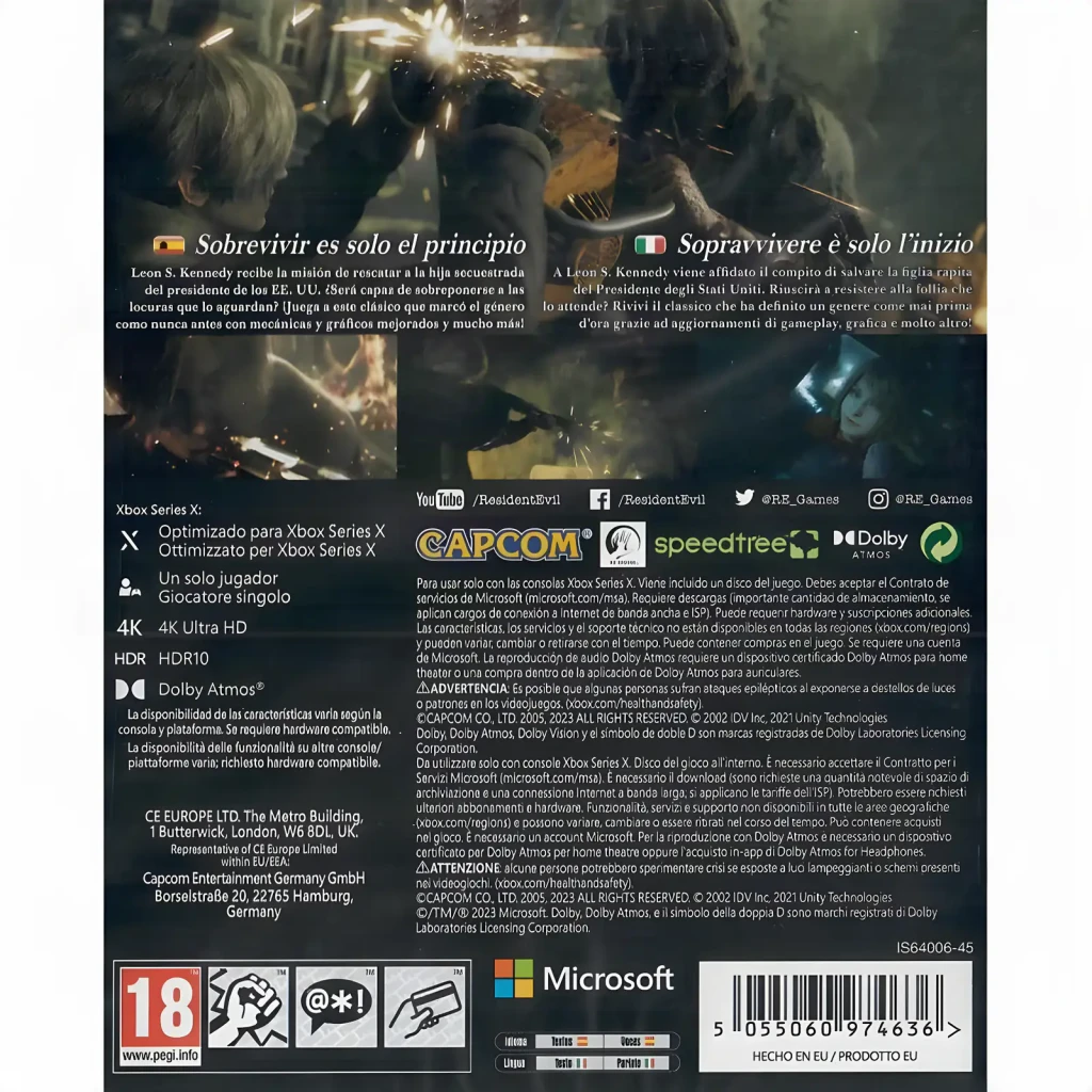 Videojogo Deep Silver Resident Evil 4 Standard Xbox Series X, vista traseira: texto em espanhol e italiano, logos Capcom