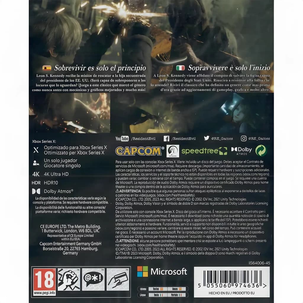 Videojogo Deep Silver Resident Evil 4 Standard Xbox Series X, vista traseira: texto em espanhol e italiano, logos Capcom