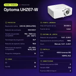 Proyector Optoma Láser DLP 4K UHD 4300 Lúmenes ISO Blanco UHZ67-W - características