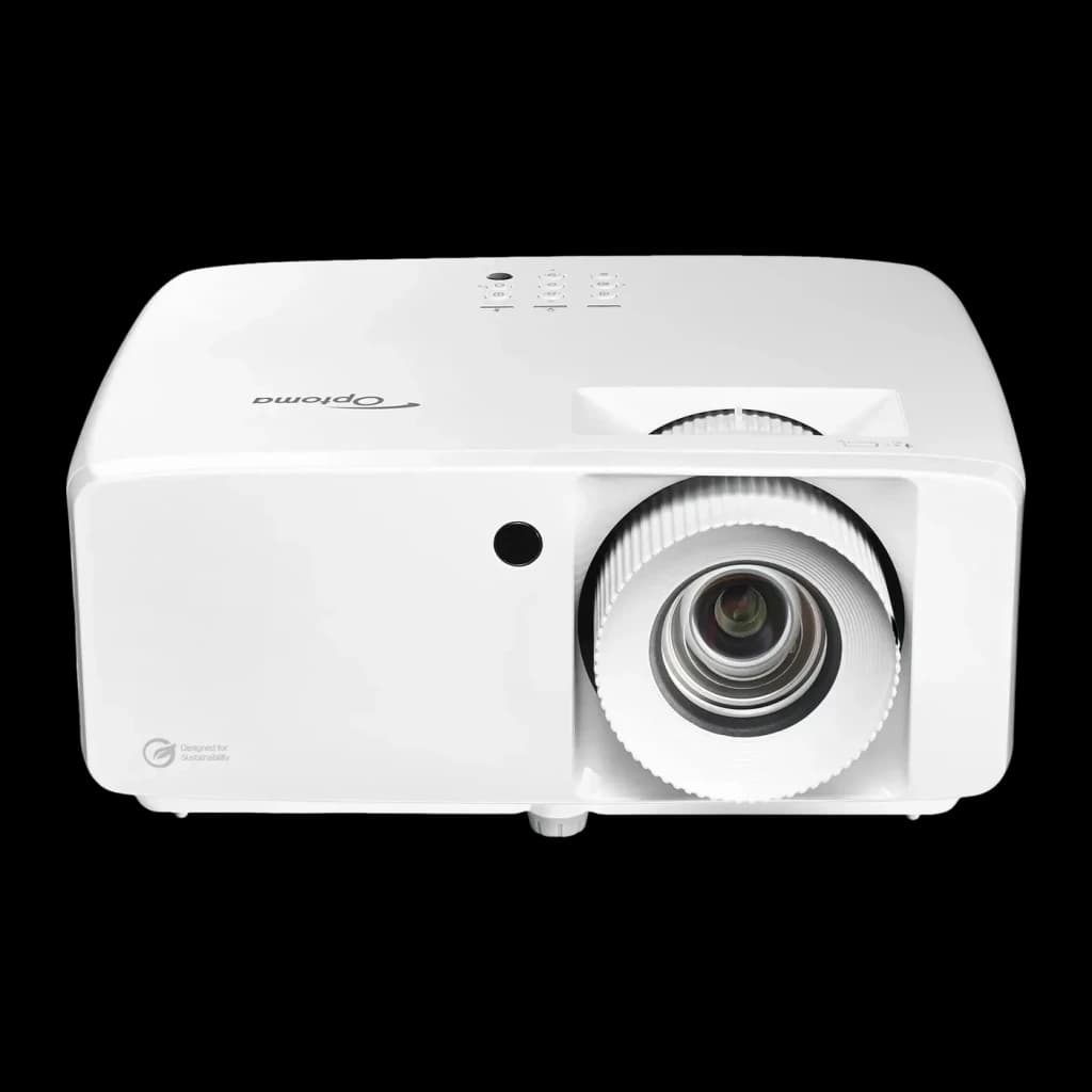 Proyector Optoma Láser DLP 4K UHD 4300 Lúmenes ANSI Blanco UHZ67-W, detalle: objetivo y panel de botones superiores vistos