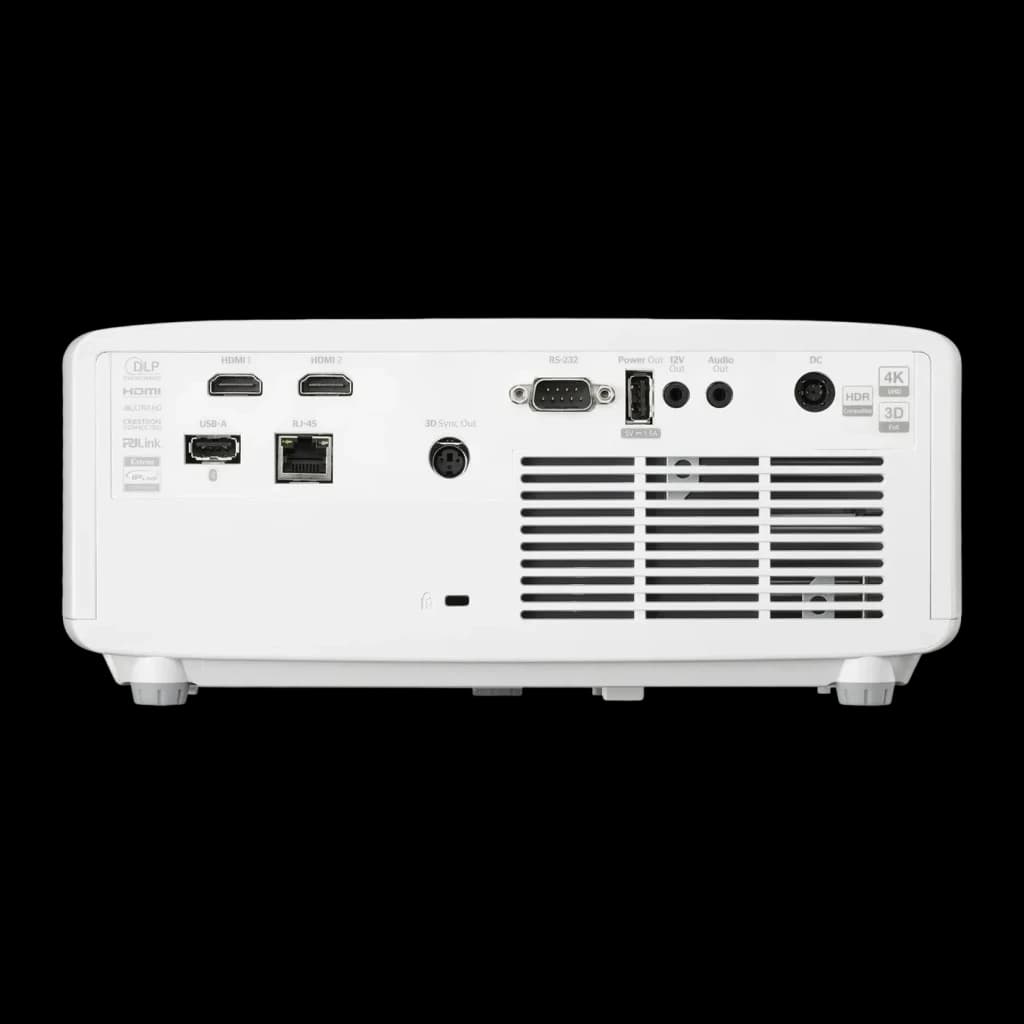 Proyector Optoma Láser DLP 4K UHD 4300 Lúmenes ANSI Blanco UHZ67-W, vista trasera: puertos HDMI, USB-A, RJ-45, RS-232, DC