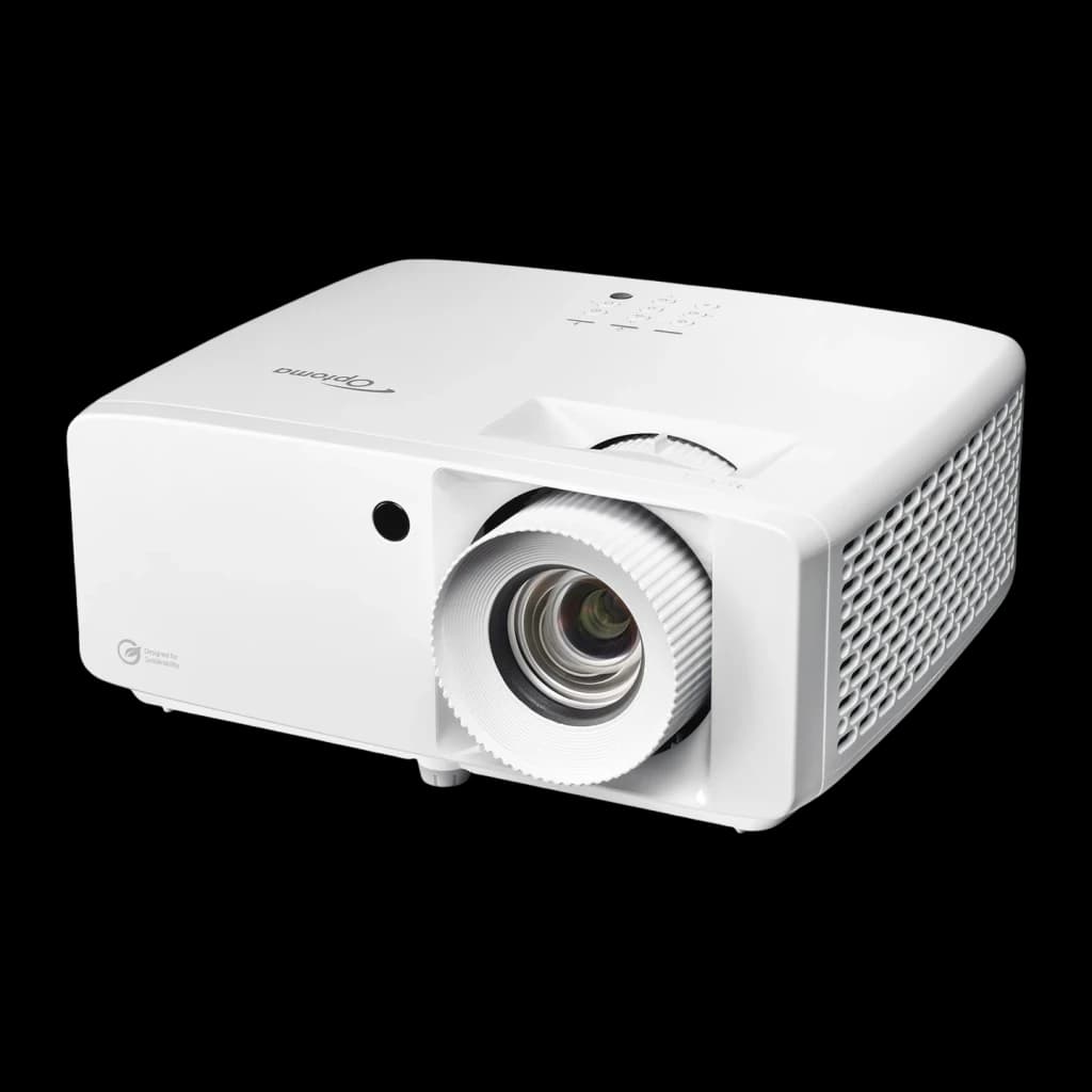 Proyector Optoma Láser DLP 4K UHD 4300 Lúmenes ANSI Blanco UHZ67-W, detalle: vista en ángulo frontal-lateral con objetivo