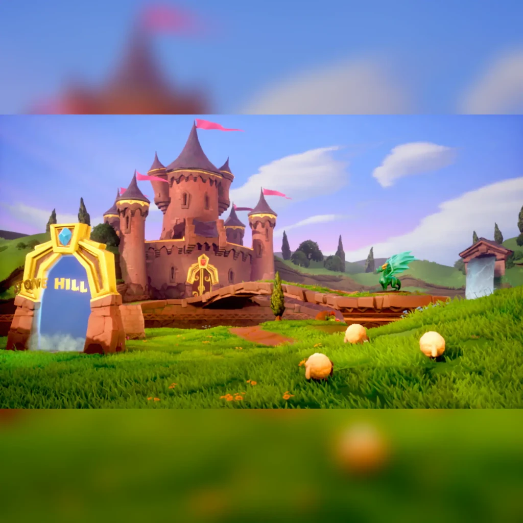 Videojuego Activision Spyro Reignited Trilogy Estándar Nintendo Switch, en uso: captura de gameplay con castillo, dragón