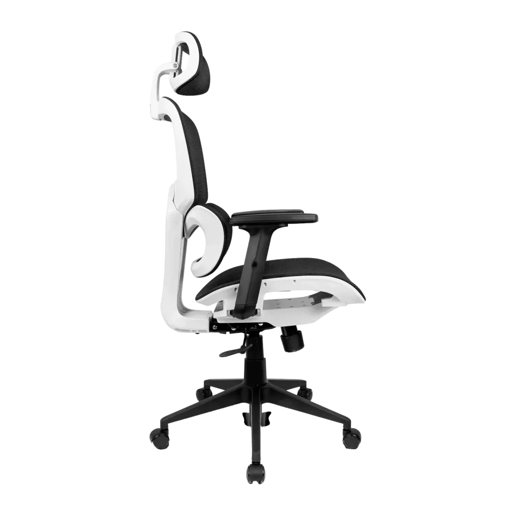 Silla Gaming Drift Negro/Blanco Malla transpirable 2D 150kg DRAIR200, detalle lateral: estructura blanca, reposacabezas