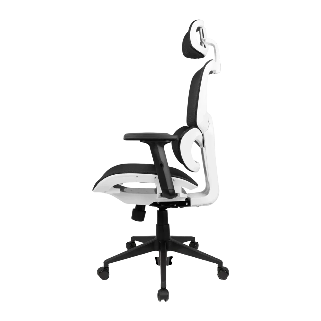 Silla Gaming Drift Negro/Blanco Malla transpirable 2D 150kg DRAIR200, detalle lateral: estructura blanca, reposacabezas