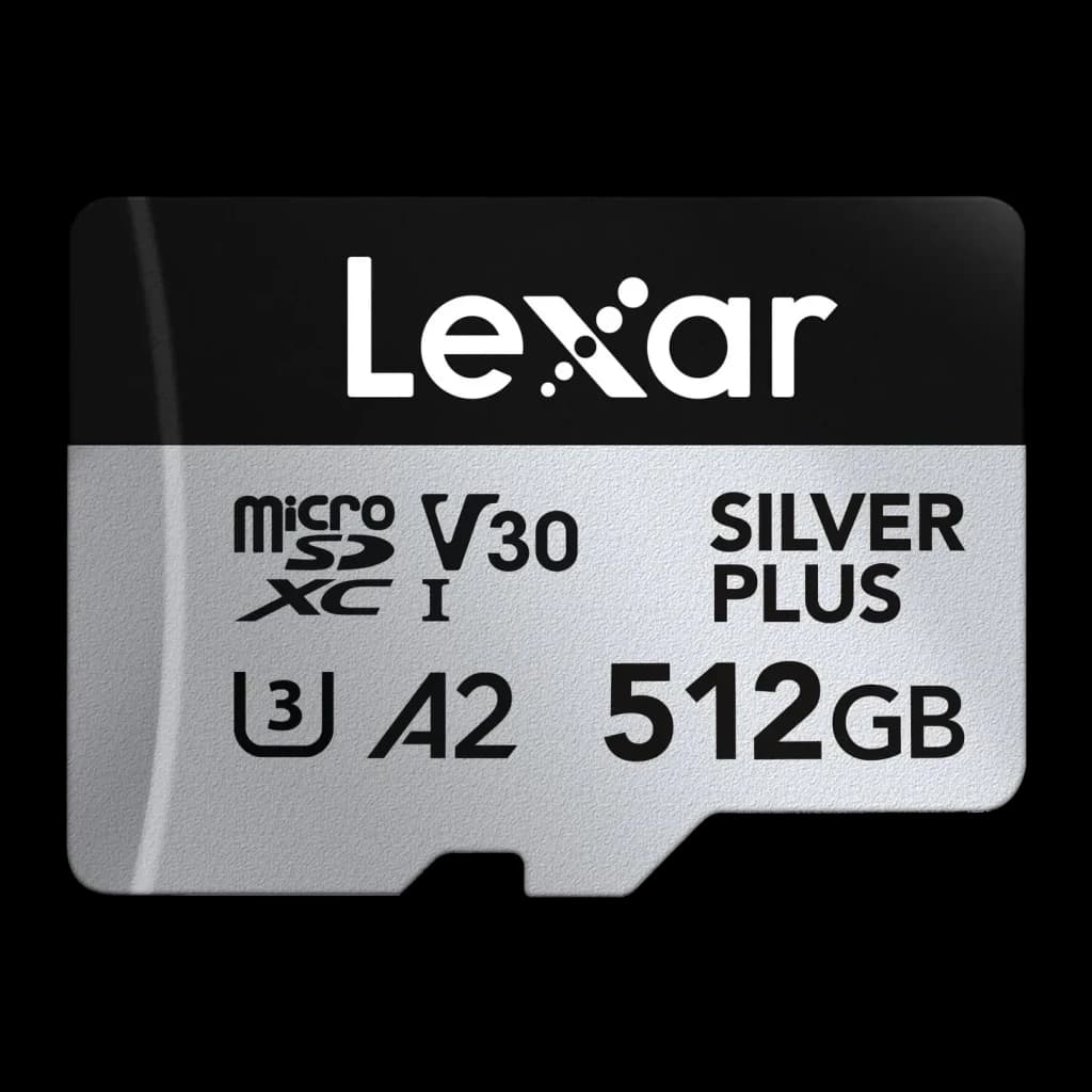 Tarjeta microSDXC Lexar Professional Silver Plus 512GB V30 U3 A2 UHS-I, vista frontal: diseño bicolor negro y plateado