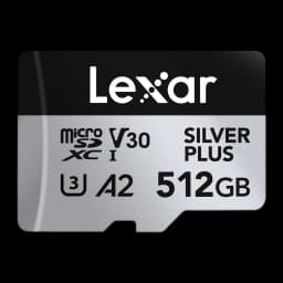 Tarjeta microSDXC Lexar Professional Silver Plus 512GB V30 U3 A2 UHS-I, vista frontal: diseño bicolor negro y plateado