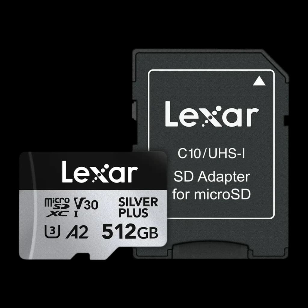 Tarjeta microSDXC Lexar Professional Silver Plus 512GB V30 U3 A2 UHS-I, detalle: tarjeta microSD plateada junto a adaptador