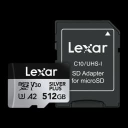 Tarjeta microSDXC Lexar Professional Silver Plus 512GB V30 U3 A2 UHS-I, detalle: tarjeta microSD plateada junto a adaptador