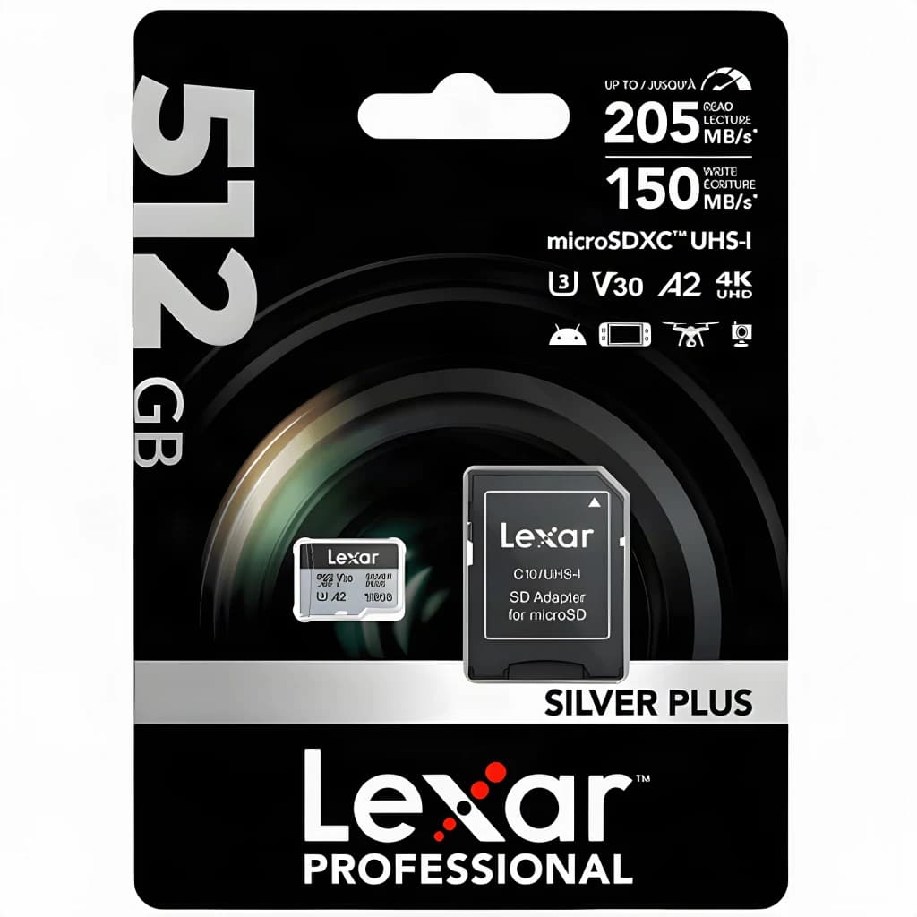 Tarjeta microSDXC Lexar Professional Silver Plus 512GB V30 U3 A2 UHS-I, contenido de la caja: blíster con tarjeta