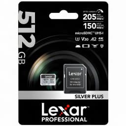 Tarjeta microSDXC Lexar Professional Silver Plus 512GB V30 U3 A2 UHS-I, contenido de la caja: blíster con tarjeta