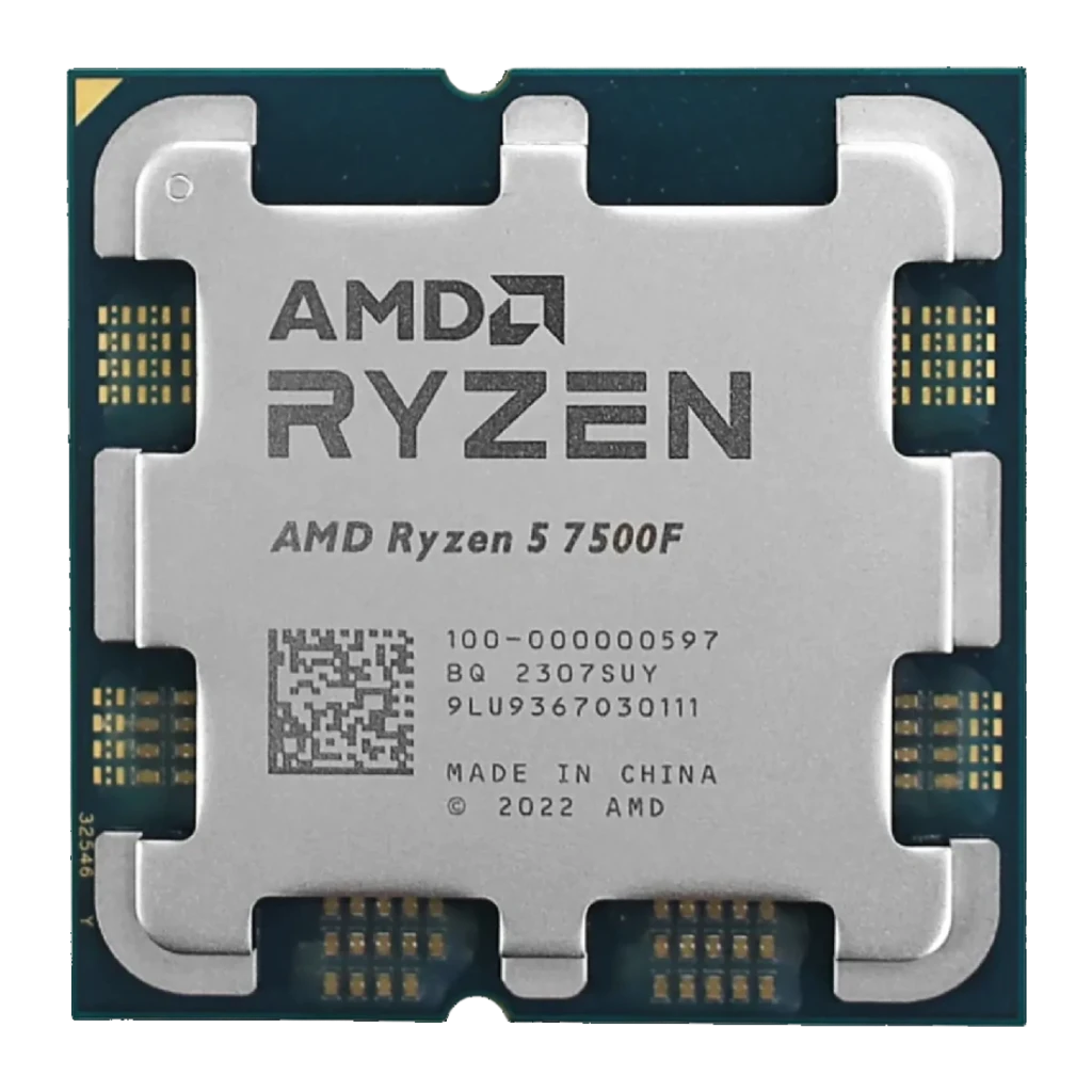 AMD Ryzen 5 7500F 6 Núcleos AM5 Tray, vista frontal: IHS prateado com logo AMD Ryzen e contactos dourados AM5