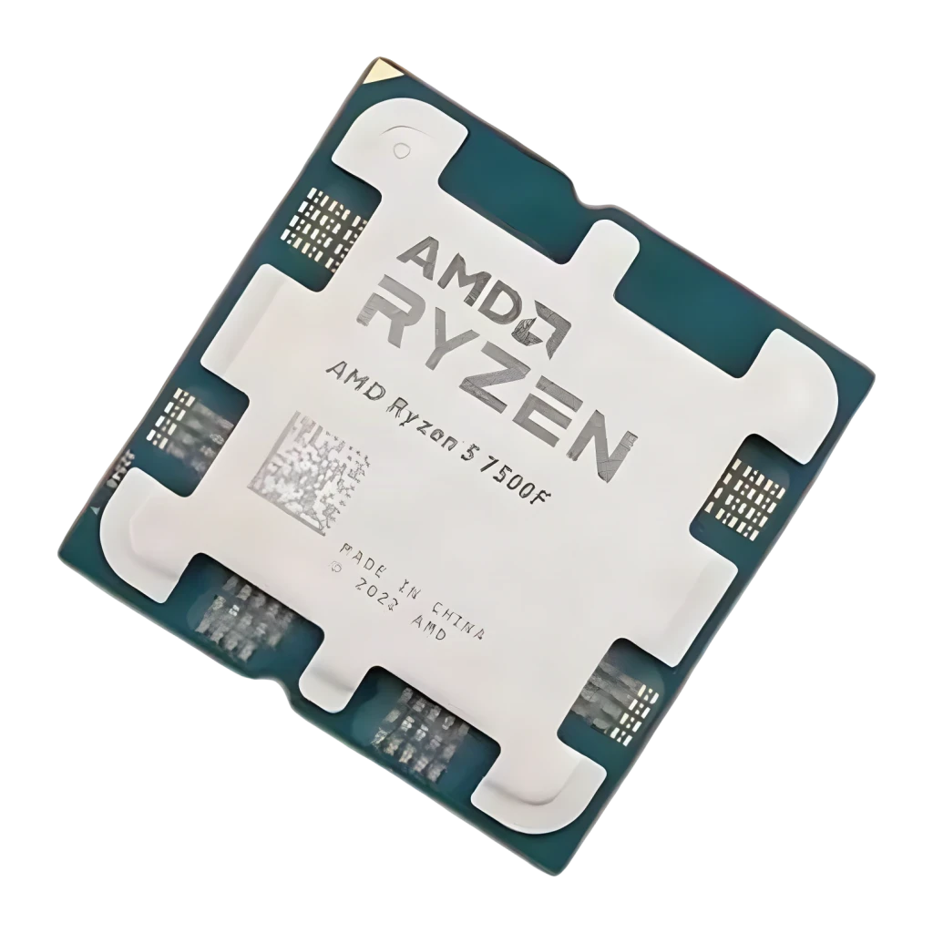 AMD Ryzen 5 7500F 6 Núcleos AM5 Tray, detalhe: IHS metálico gravado AMD Ryzen 5 7500F e PCB verde AM5