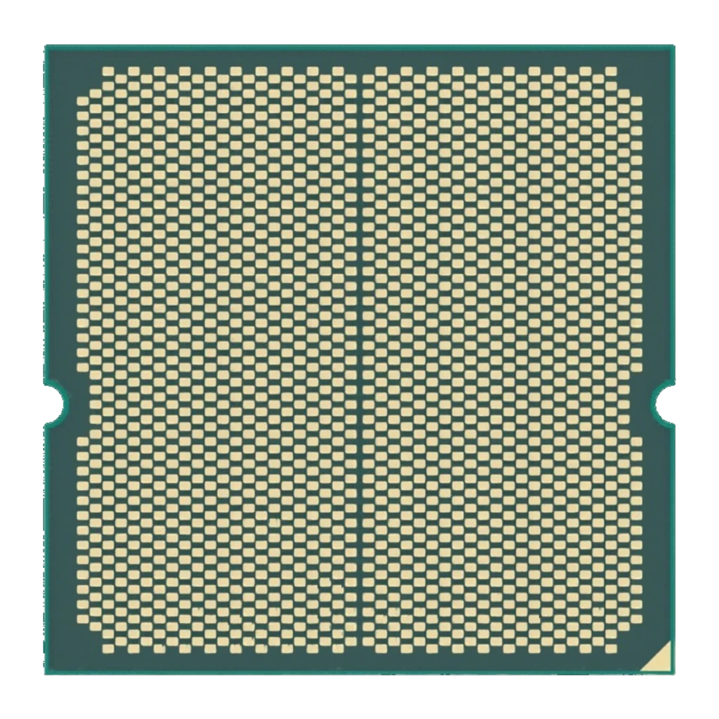 AMD Ryzen 5 7500F 6 Núcleos AM5 Tray, vista traseira: matriz de contactos dourados LGA em substrato verde
