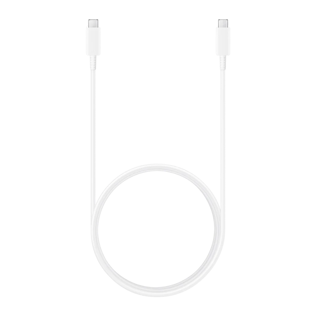 Câble USB Samsung 100W USB-C vers USB-C Blanc EP-DX510JWEG, vue de face: câble enroulé en cercle avec deux connecteurs USB-C