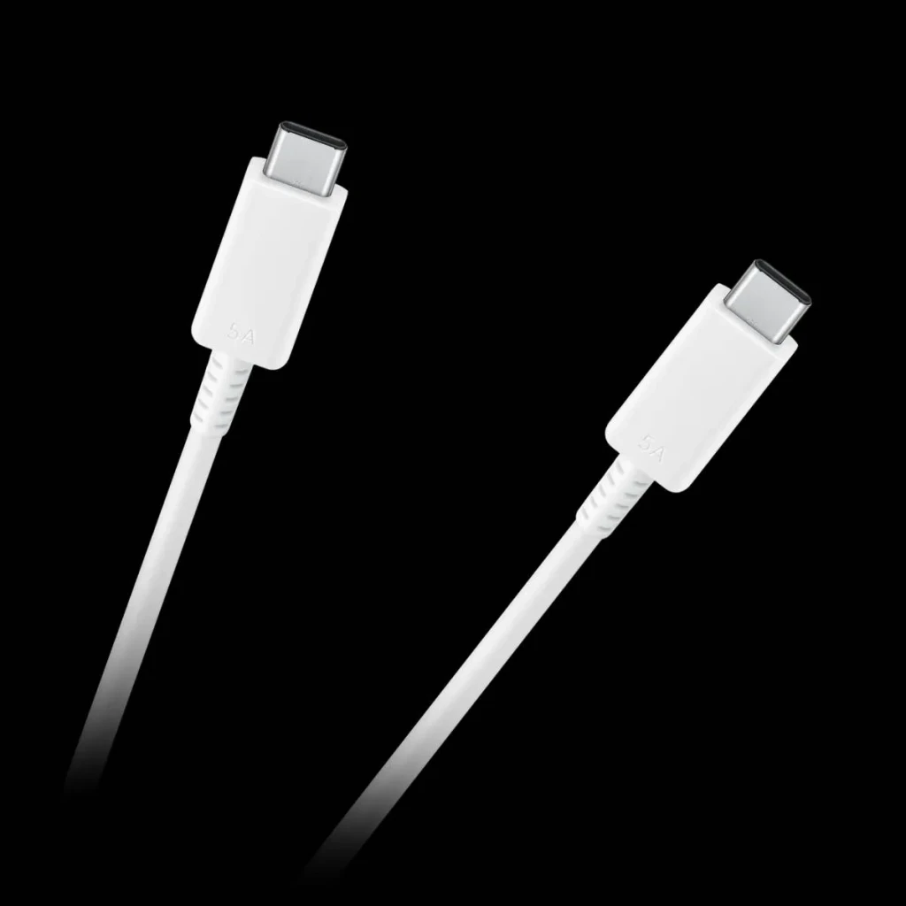 Câble USB Samsung 100W USB-C vers USB-C Blanc EP-DX510JWEG, détail: deux connecteurs USB-C avec marquage 5A sur fond noir