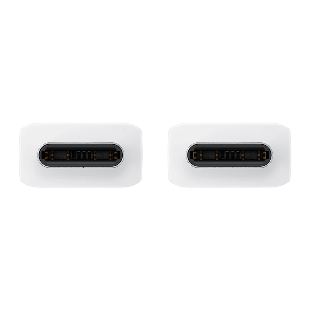 Câble USB Samsung 100W USB-C vers USB-C Blanc EP-DX510JWEG, détail: deux connecteurs USB-C de face avec broches métalliques