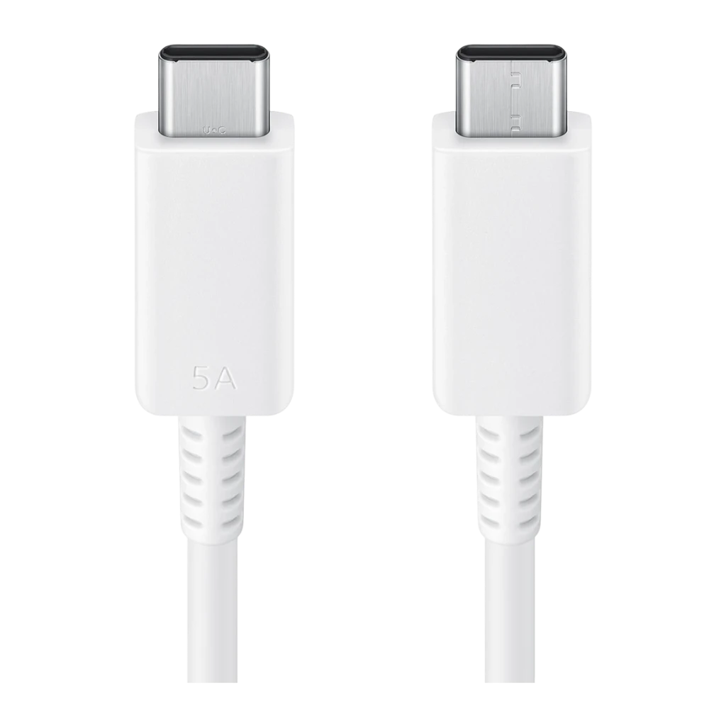 Câble USB Samsung 100W USB-C vers USB-C Blanc EP-DX510JWEG, détail: deux connecteurs USB-C argentés avec inscription 5A