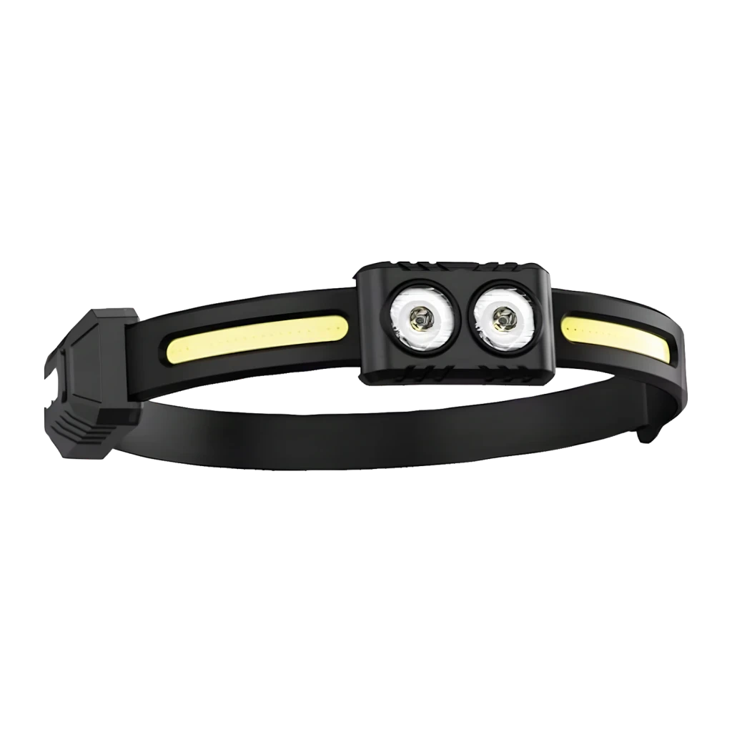Lampe frontale Superfire HE03 Noir Rechargeable USB-C 540 lumens 45 m, vue frontale: deux LEDs et bande COB jaune latérale