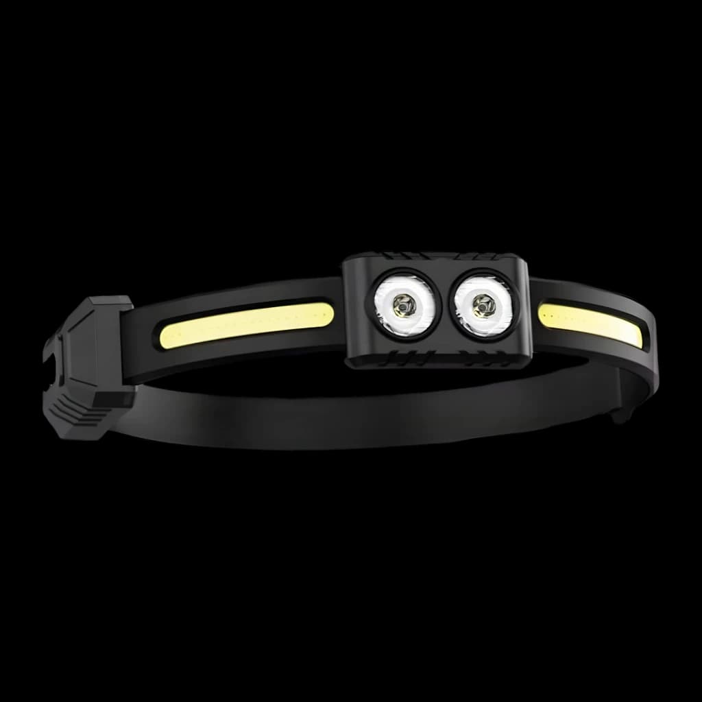 Lampe frontale Superfire HE03 Noir Rechargeable USB-C 540 lumens 45 m, vue frontale: deux LEDs et bande COB jaune latérale