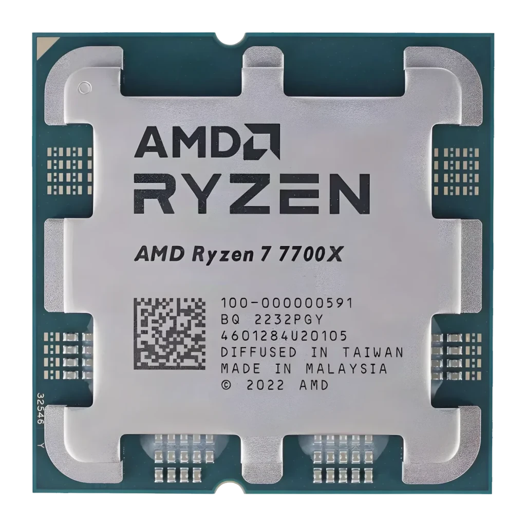 AMD Ryzen 7 7700X 8 Núcleos AM5 Tray, vista frontal: IHS plateado con logo AMD Ryzen y PCB verde AM5
