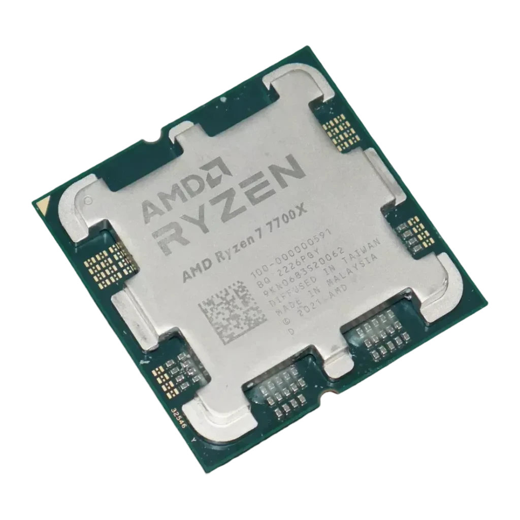 AMD Ryzen 7 7700X 8 Núcleos AM5 Tray, detalle: IHS metálico con grabado AMD Ryzen 7 7700X y código QR visible