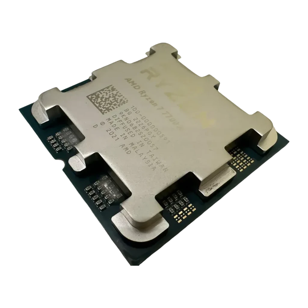 AMD Ryzen 7 7700X 8 Núcleos AM5 Tray, detalle: IHS metálico con código QR, número de serie y contactos dorados AM5 visibles