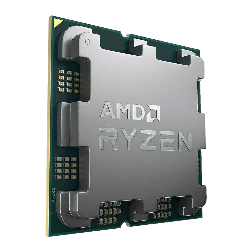 AMD Ryzen 7 7700X 8 Núcleos AM5 Tray, detalle: IHS metálico en perspectiva con logo AMD Ryzen grabado y PCB verde visible