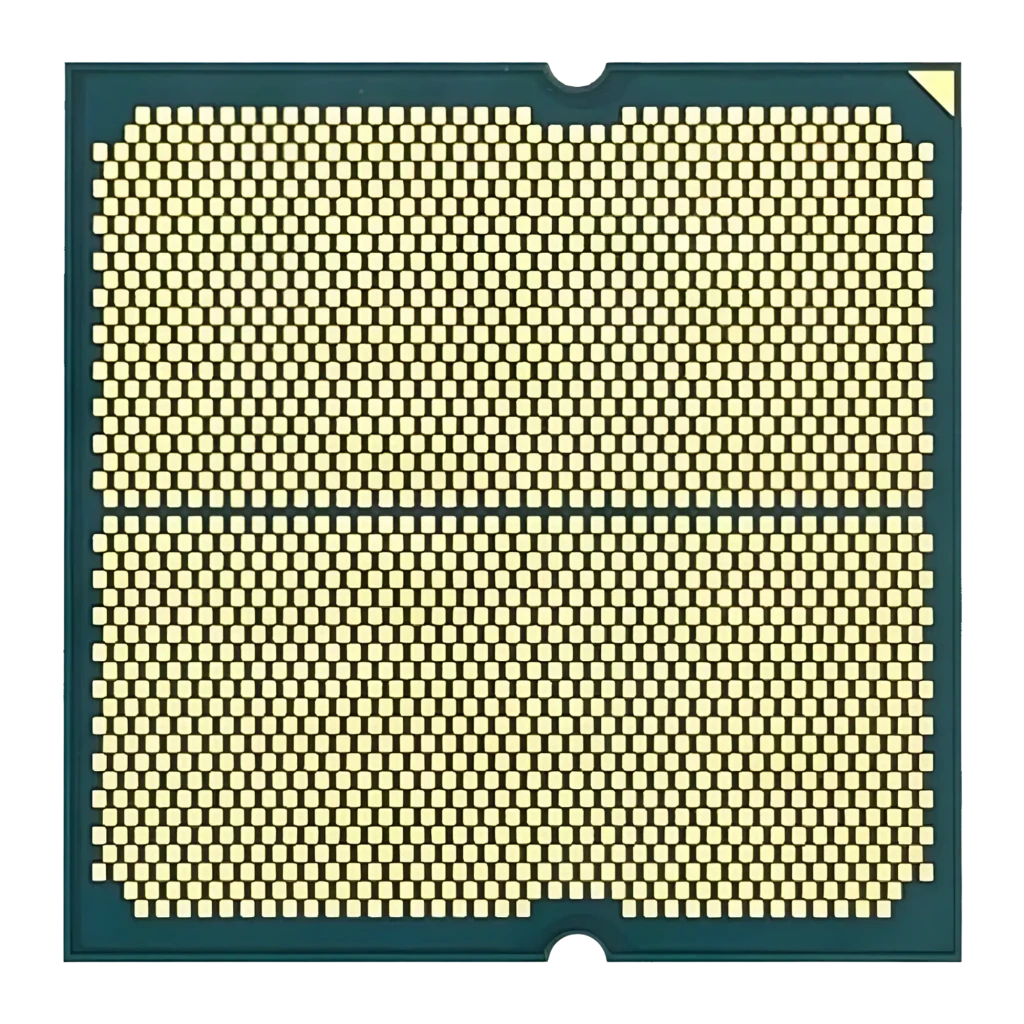 AMD Ryzen 7 7700X 8 Núcleos AM5 Tray, vista trasera: contactos LGA dorados y muesca de orientación en esquina