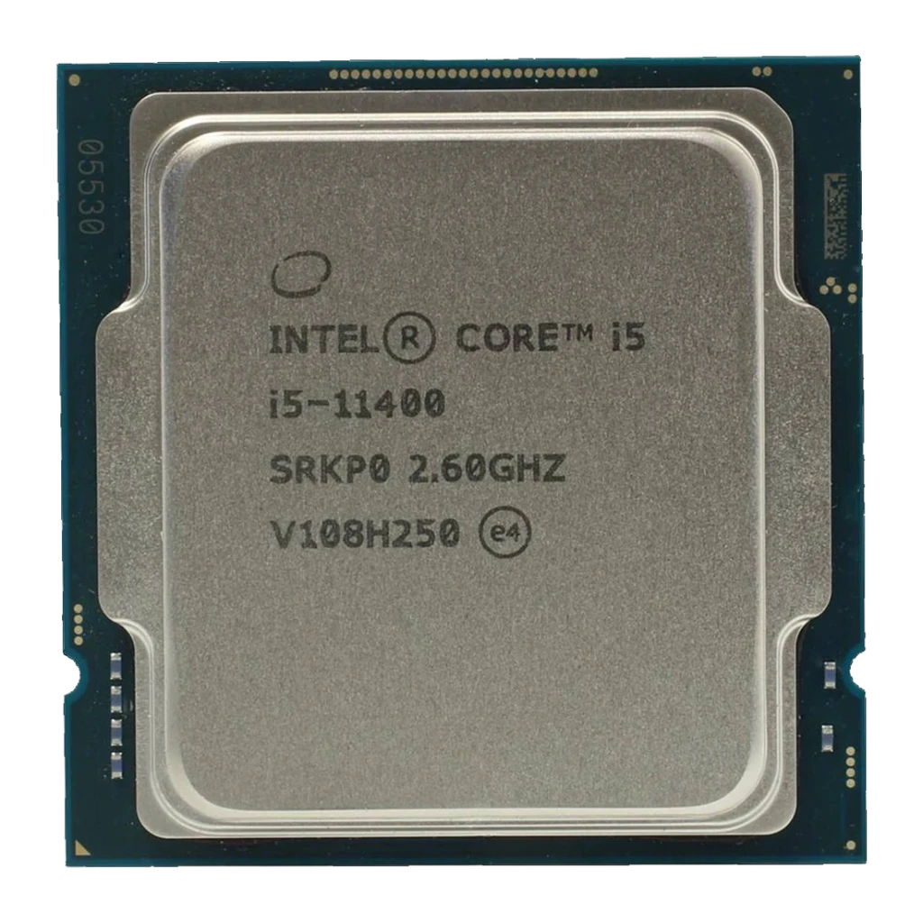 Intel Core i5-11400 6 Cœurs LGA1200 Tray, vue de face: IHS argenté gravé i5-11400 SRKP0 2.60GHz sur PCB vert