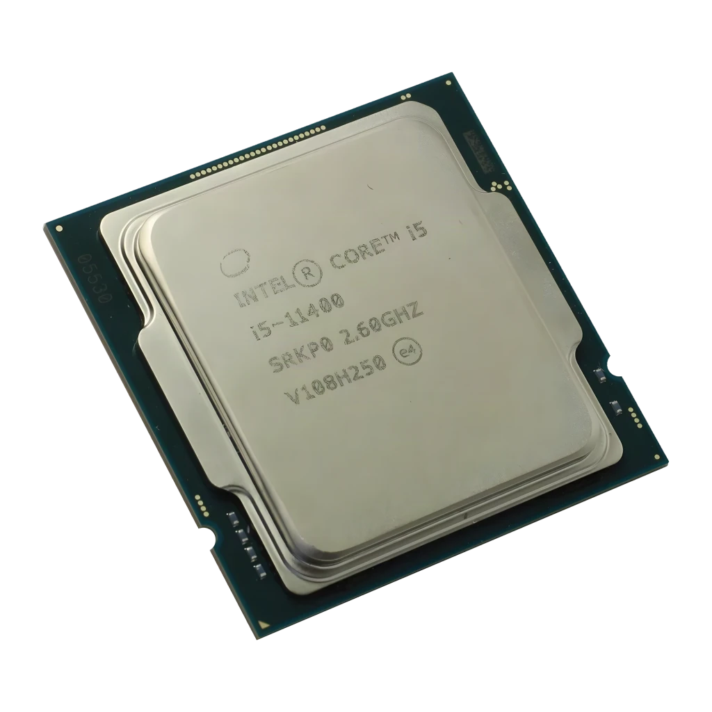 Intel Core i5-11400 6 Cœurs LGA1200 Tray, détail: IHS métallique gravé i5-11400 2.60GHz avec contacts dorés visibles sur PCB