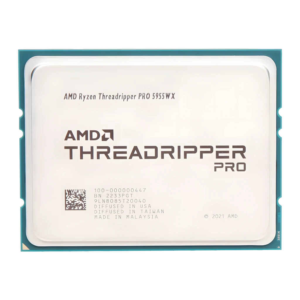 AMD Ryzen Threadripper PRO 5955WX 16 Cœurs sWRX8 Tray, vue de face: IHS argenté avec logo AMD Threadripper PRO et cadre