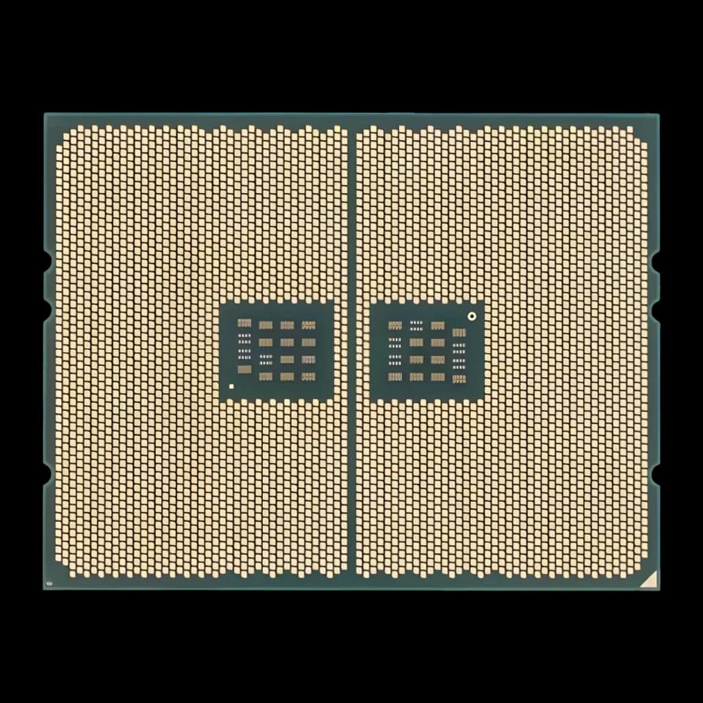 AMD Ryzen Threadripper PRO 5955WX 16 Cœurs sWRX8 Tray, vue arrière: matrice de broches dorées et deux groupes de contacts