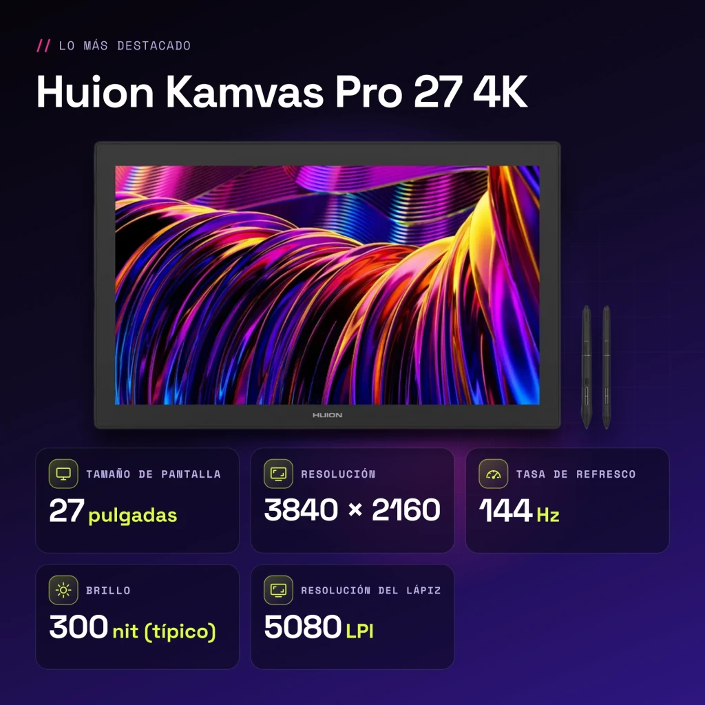 Tableta gráfica Huion Kamvas Pro 27 4K Negro con Pantalla 27 pulgadas UHD - características