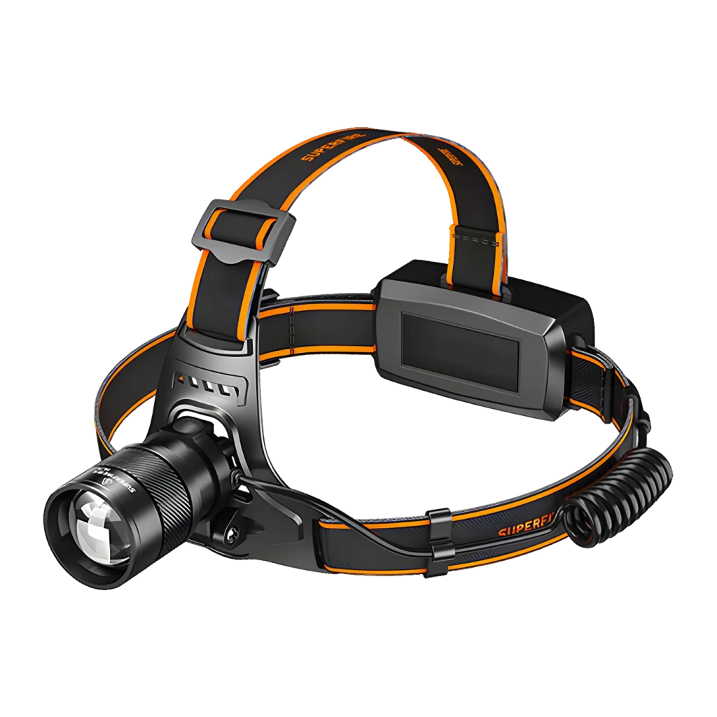 Linterna frontal Superfire HZ01 Negro Recargable USB-C 360m Luz UV 395nm, vista frontal: cuerpo negro con lente zoom y cinta