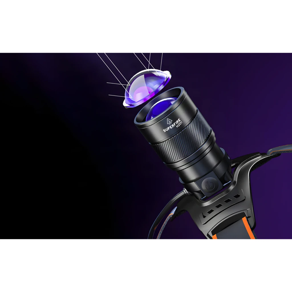 Linterna frontal Superfire HZ01 Negro Recargable USB-C 360m Luz UV 395nm, detalle: lente UV violeta extraída mostrando