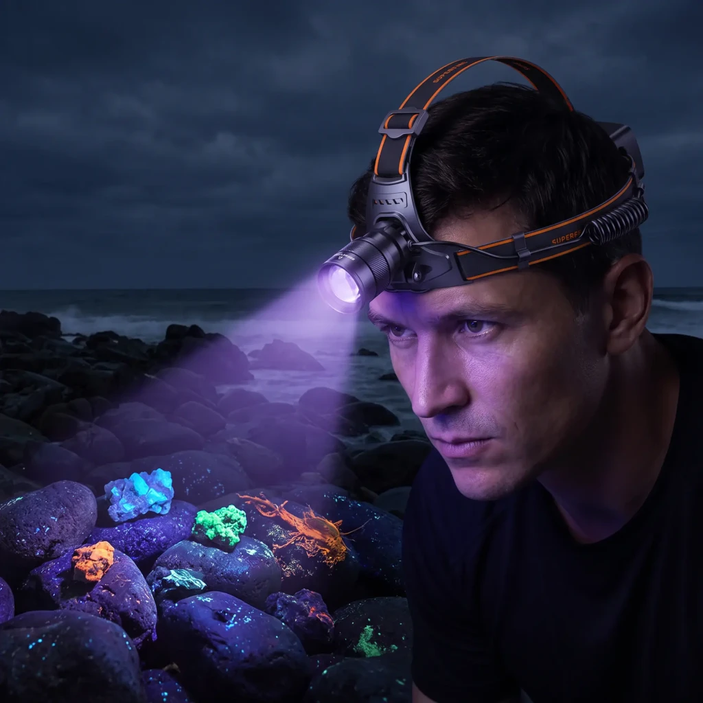 Linterna frontal Superfire HZ01 Negro Recargable USB-C 360m Luz UV 395nm, en uso: hombre ilumina rocas fluorescentes
