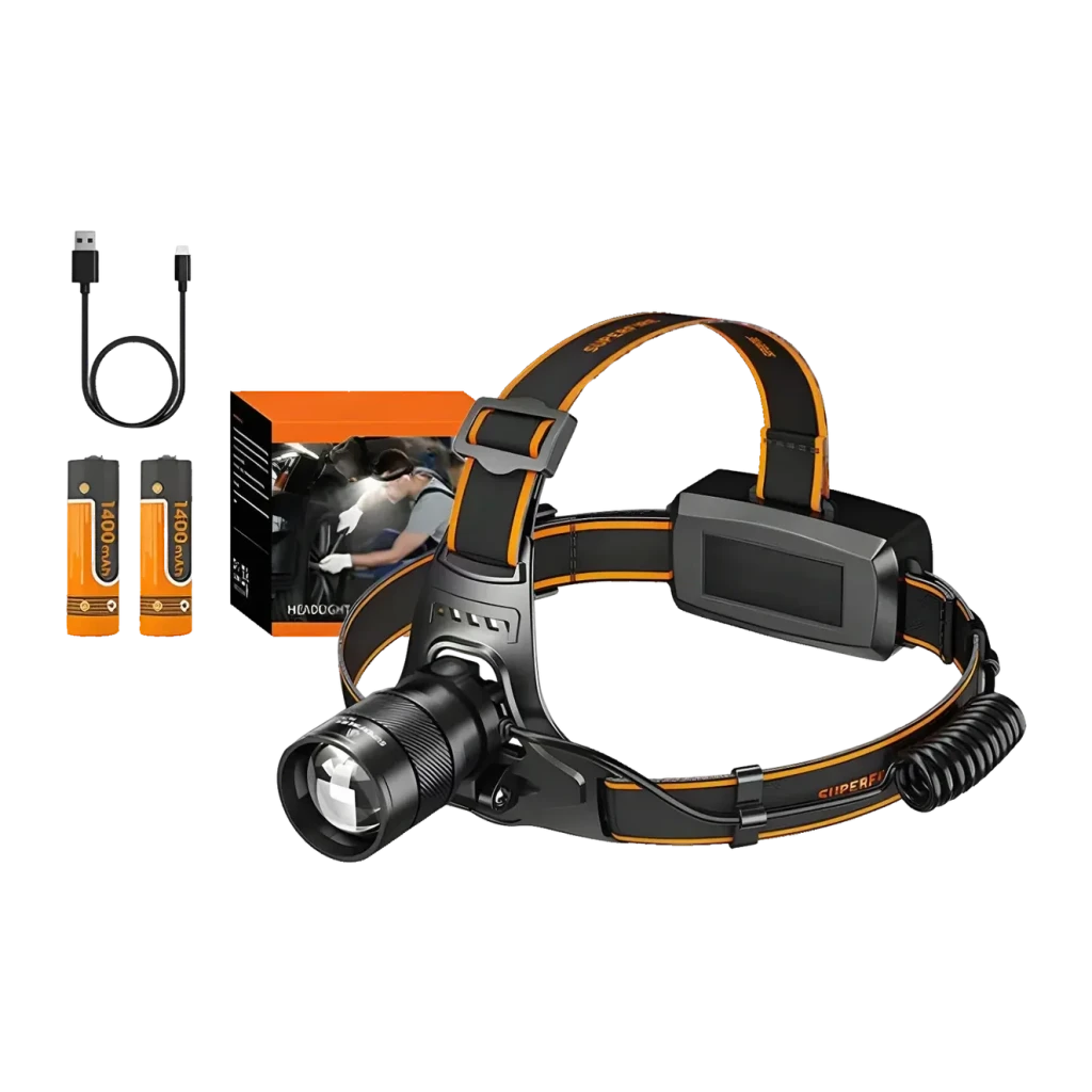 Linterna frontal Superfire HZ01 Negro Recargable USB-C 360m Luz UV 395nm, contenido de la caja: linterna con banda naranja